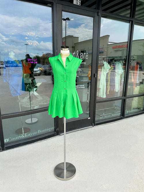 Green Button Down Romper With Shirt Collar