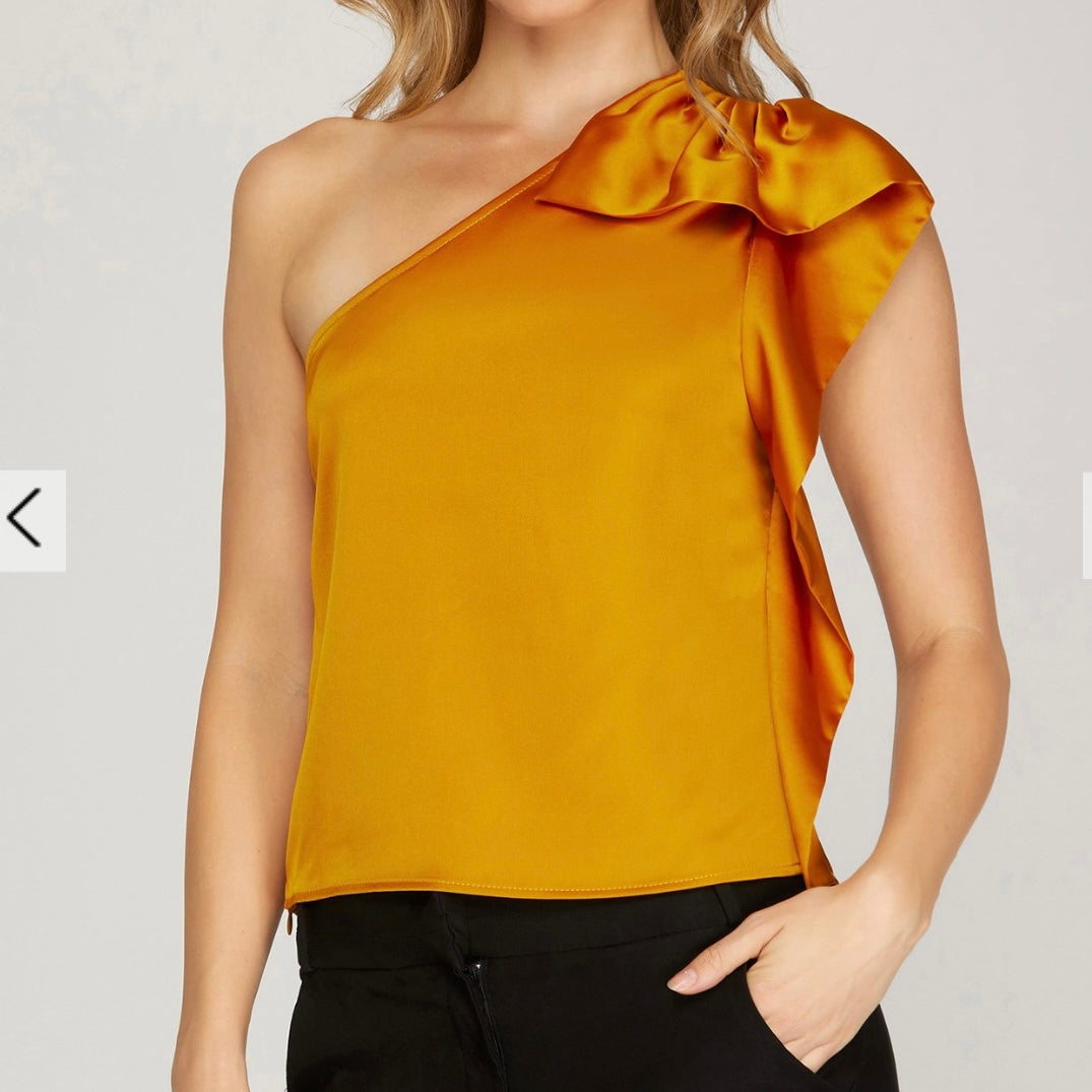 One Shoulder Satin Top With Ruffle Detail