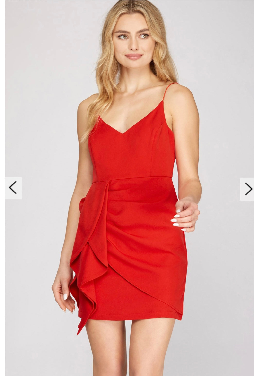 Red Draped Side Ruffled Wrap Dress