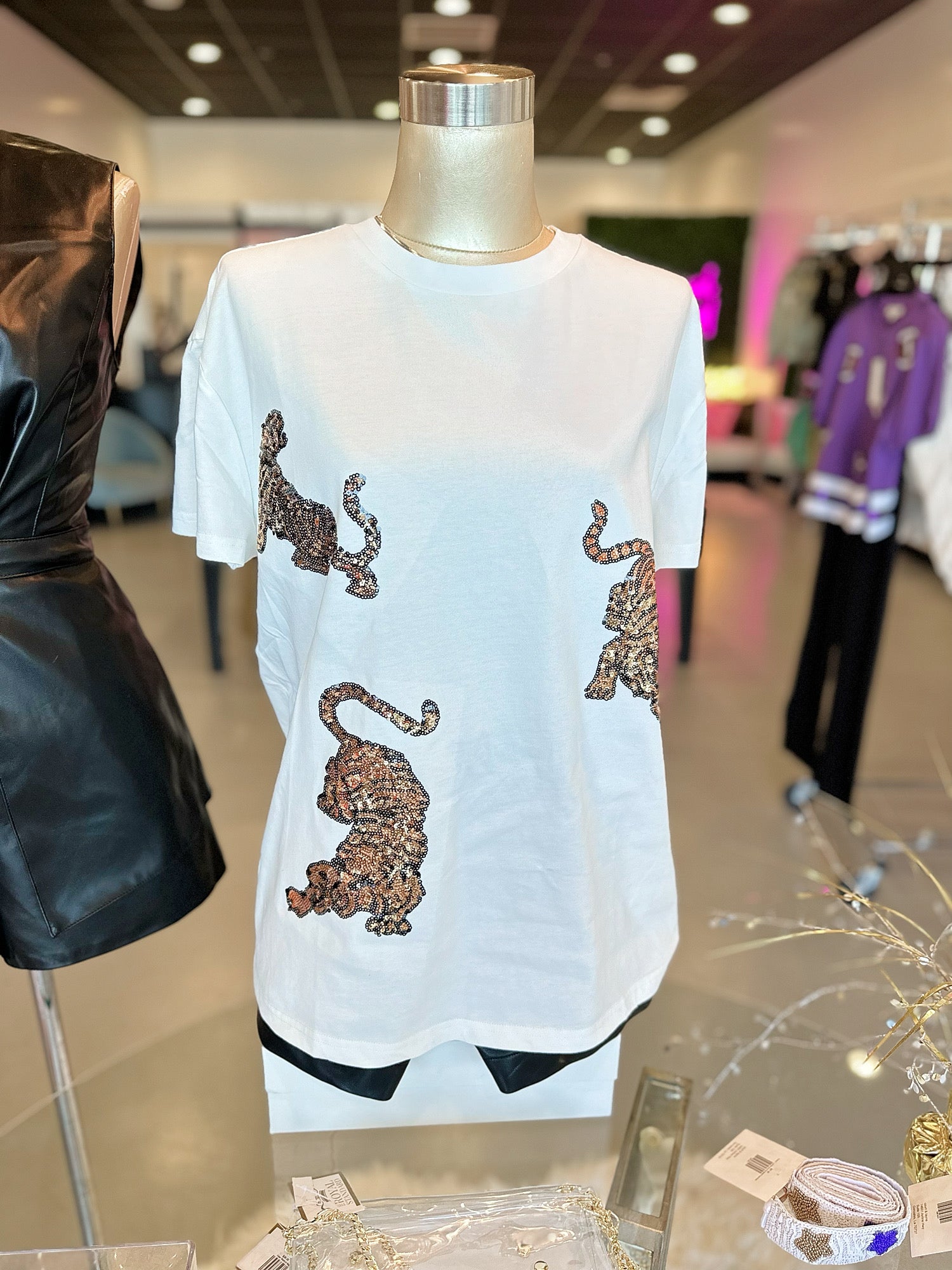 White Gold Sequin Tiger Graphic
