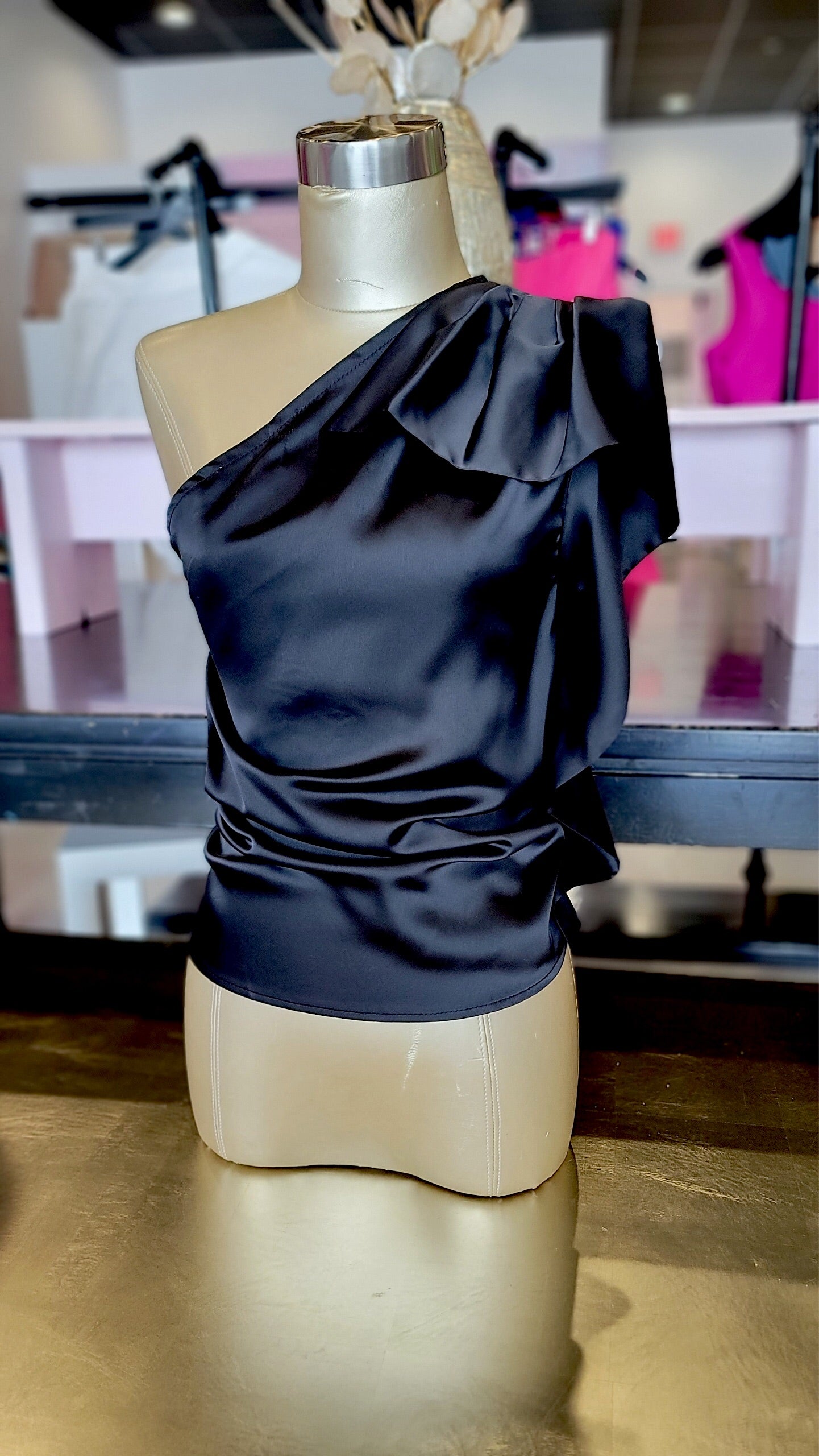 Ready For Tonight One Shoulder Pleated Top-Black