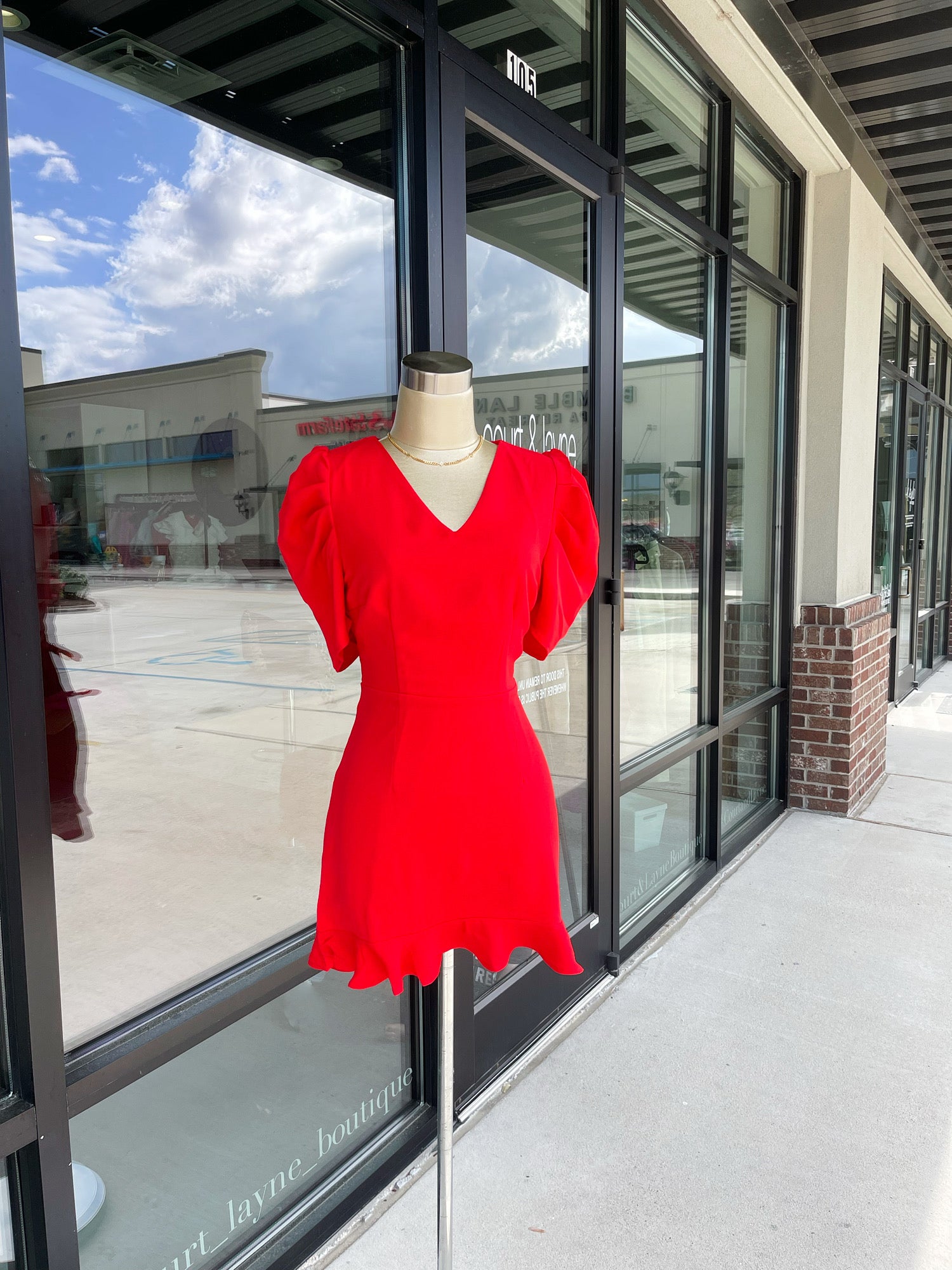 Red V-Neck Puff Sleeve Dress
